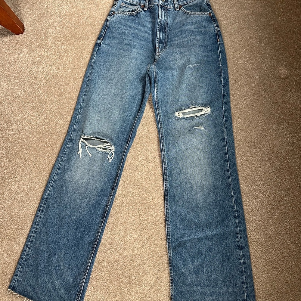 Zara Distressed Straight-Leg Jeans - Medium Blue